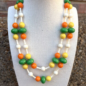 Vintage Germany White Orange Green Double Strand Acrylic Beaded Necklace‎ 18"